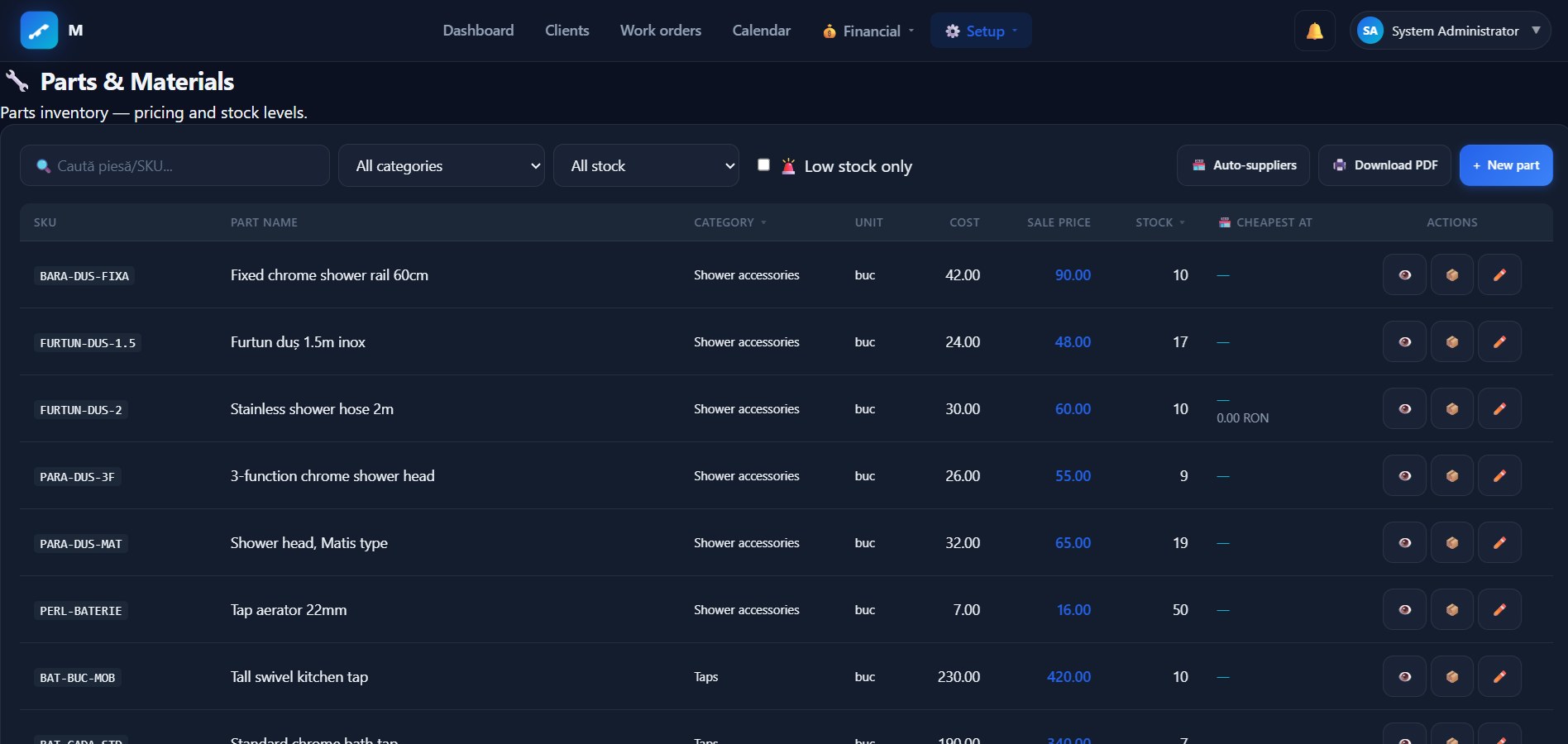 Spot Plumber CRM Parts and Materials
